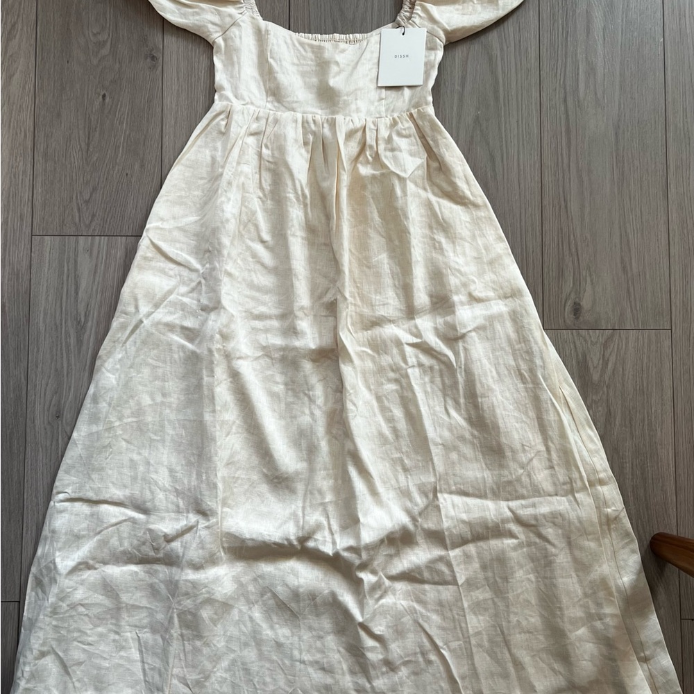 DISSH Cream Linen Midi Dress with Puff Sleeves - Picture 3 of 10